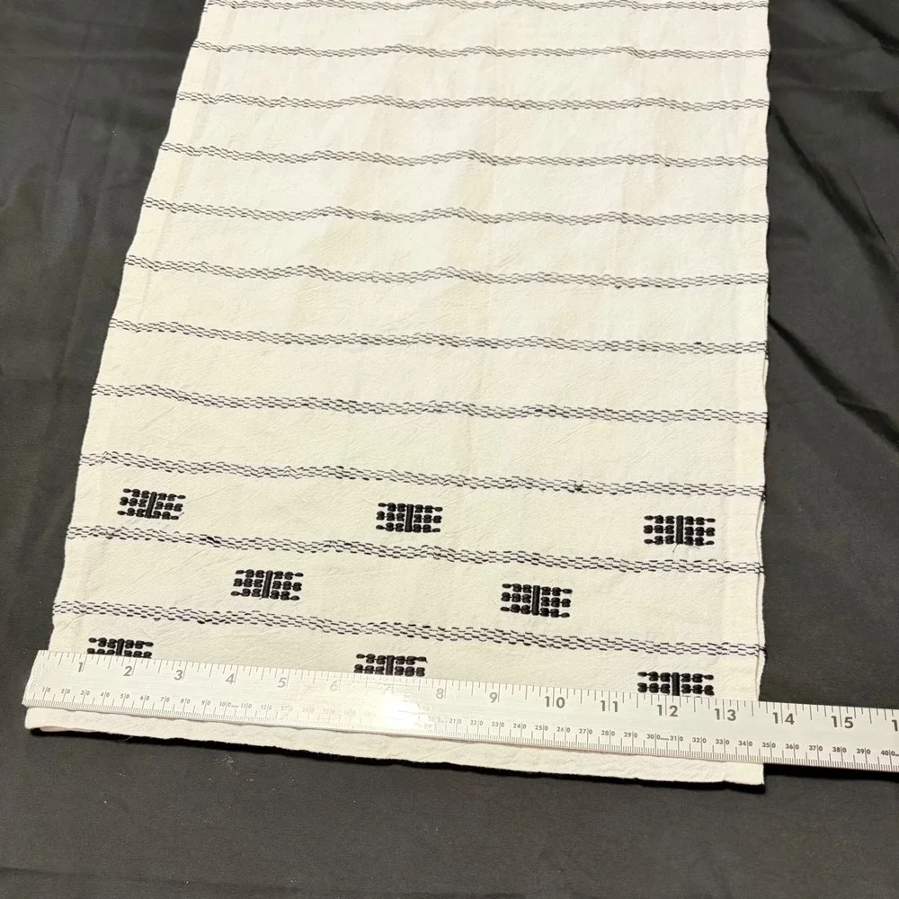 Farmhouse Table Runner White Black Striped Embroidered Boho Rustic Decor 70x14